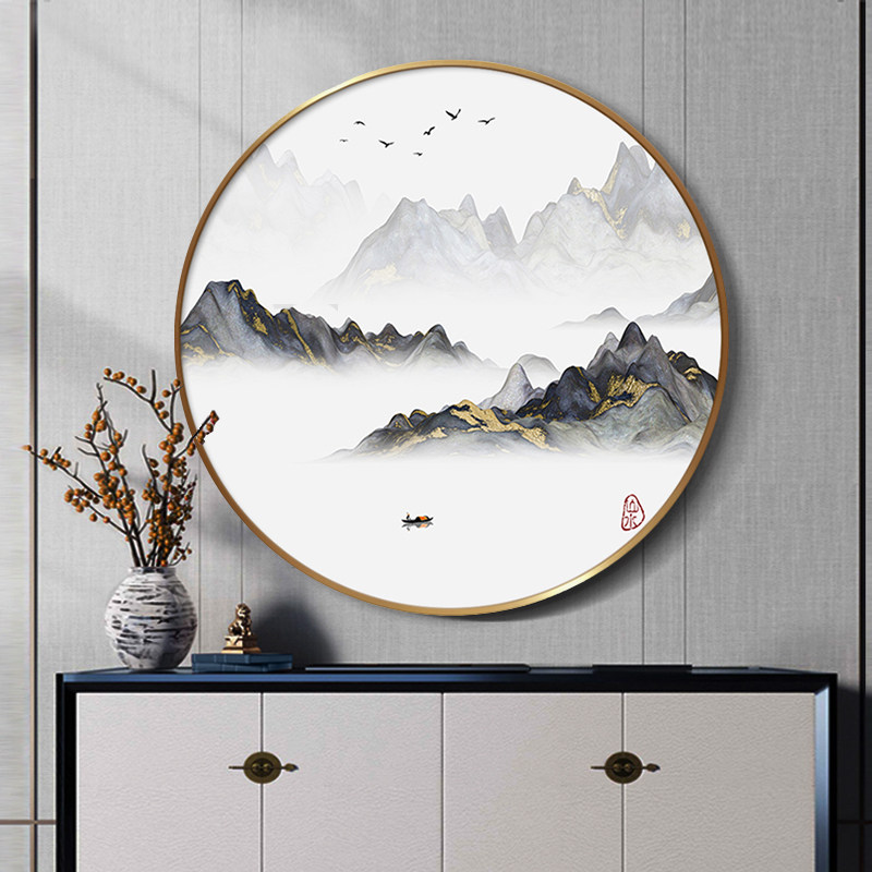 江山画卷  新中式水墨客厅装饰画山水入户玄关挂画中国风圆形壁画