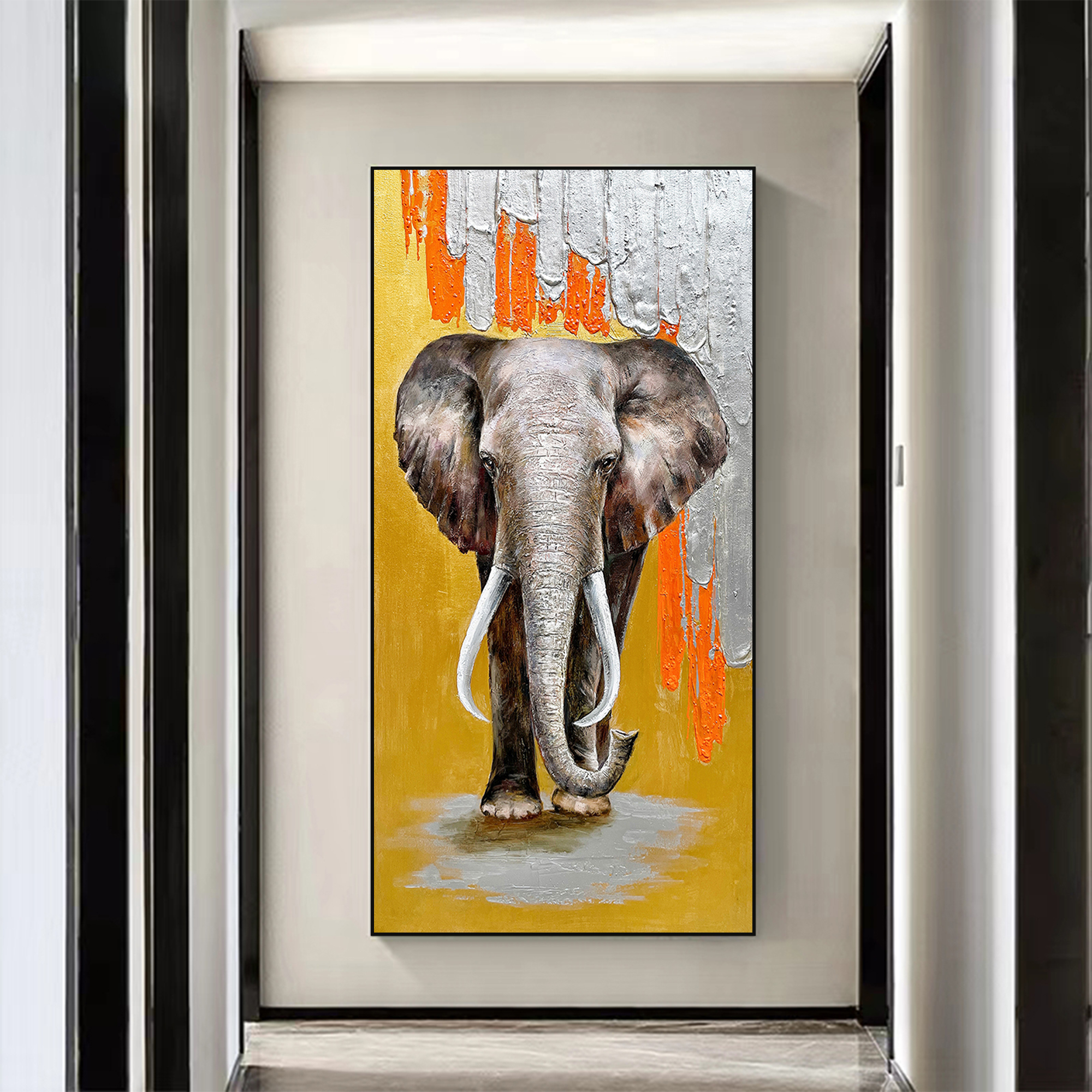 纯手绘大象装饰画竖版客厅玄关油画走廊轻奢现代简约挂画壁画入户
