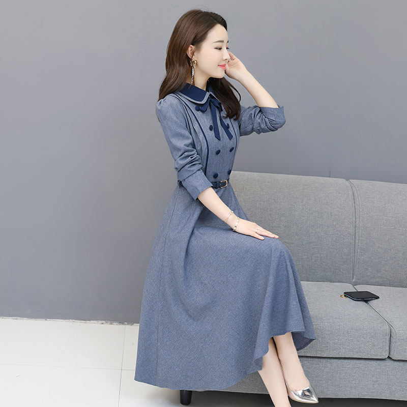 2022新款早春秋季女装气质娃娃领法式桔梗裙中长款长袖子连衣裙子