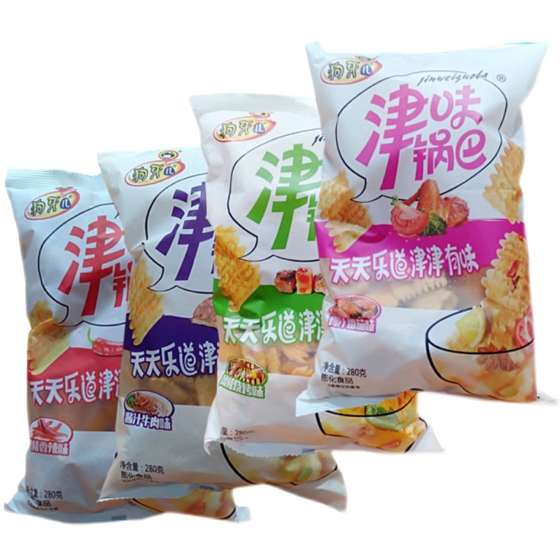 狗牙津味锅巴260G*4包四个口味番茄香辣烧烤牛肉味休闲大礼包零食