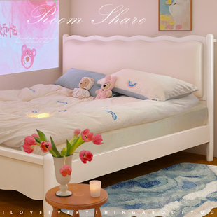 奶油风实木儿童床女孩男孩现代简约1.2米1.5法式白色软包床公主床