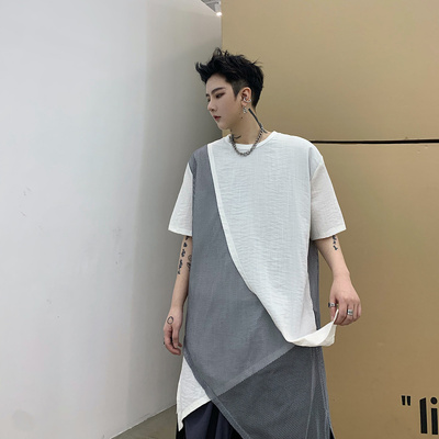 夏季暗黑宽松中长款长半袖t恤男士假两件潮流ins拼接青年半袖上衣
