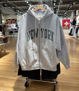 BM风秋季新款美式复古麻灰色NEW YORK拉链连帽卫衣女bm开衫外套潮