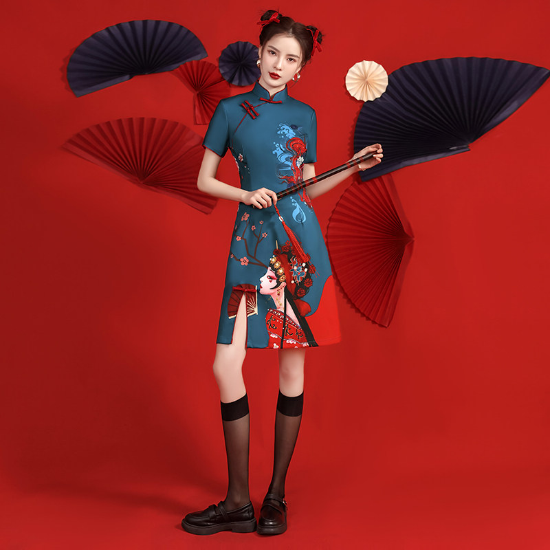 实拍国风京剧花旦印花显瘦连衣裙2022夏季新款日常改良年轻款旗袍