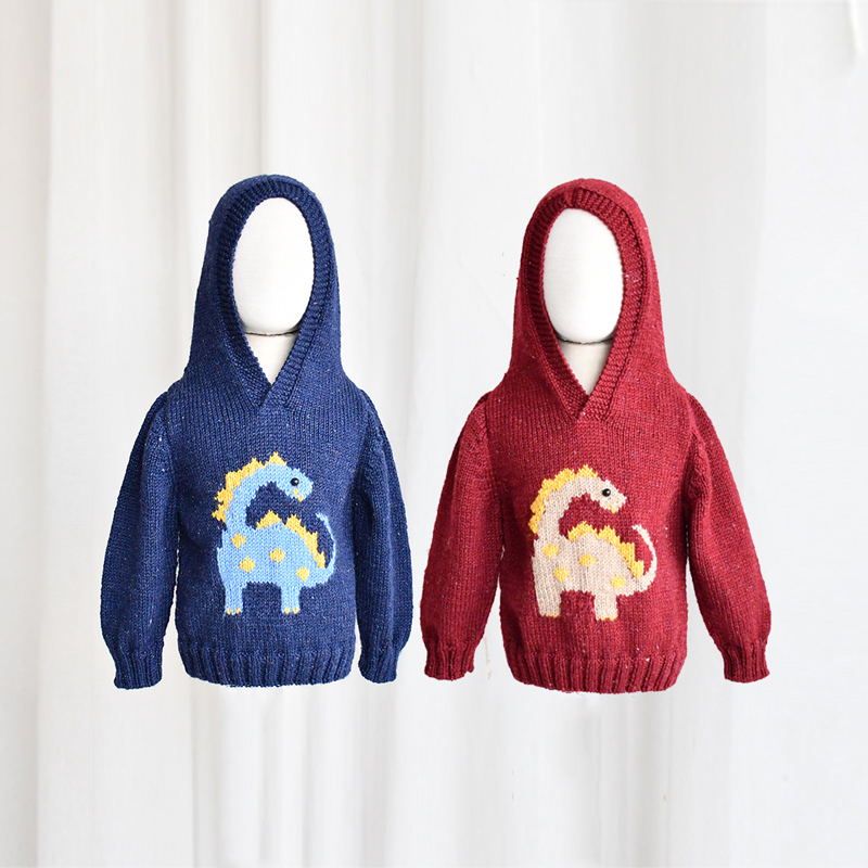 明月手作恐龙图案带帽儿童套头毛衣 棒针diy毛线材料包送教程视频