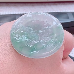 缅甸天然翡翠a货玉石冰种飘绿山水圆牌吊坠飘花山水牌男女款挂件