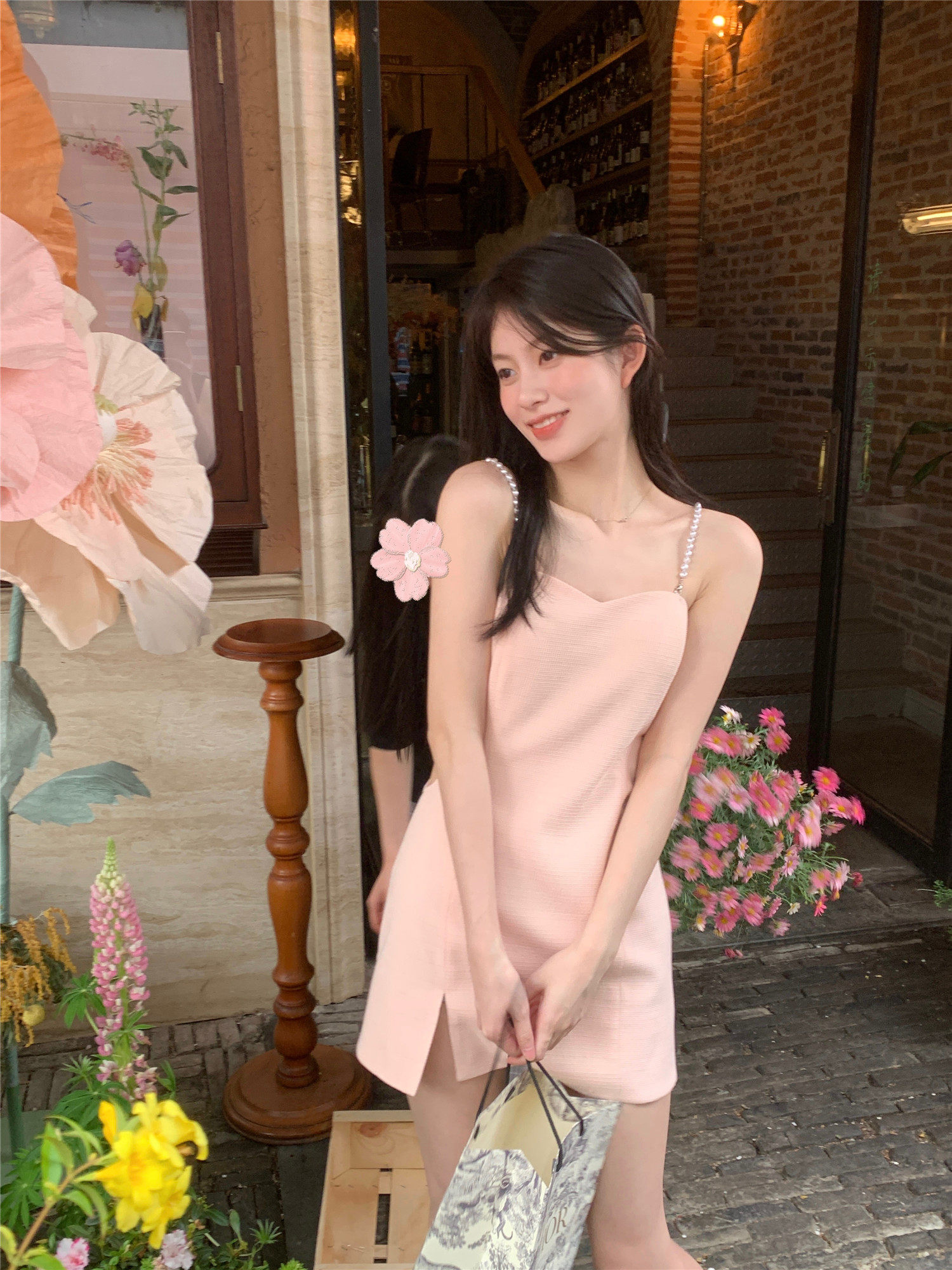 lxlilium【恋恋水蜜桃】小香风珍珠吊带开衩抹胸裙女粉色连衣裙