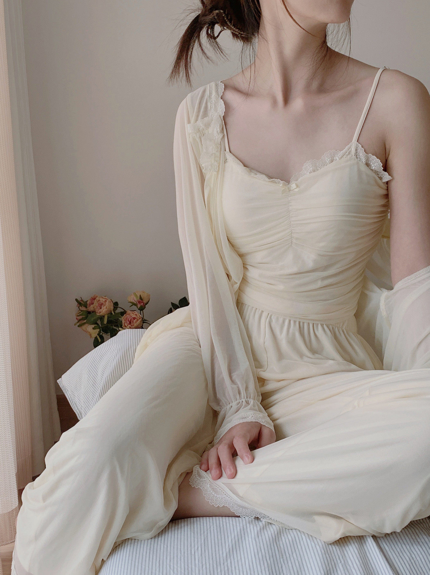 t】柠檬白兰地 法式宫廷风网纱甜美性感吊带睡衣长袖家居服女