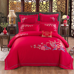 结婚刺绣四件套大红色全棉皇室床上用品喜庆提花纯棉六件套1.8m床