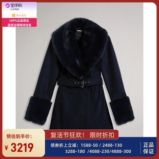 TED BAKER短款羊毛毛呢大衣外套藏蓝色翻毛领袖口配腰带淑女百搭