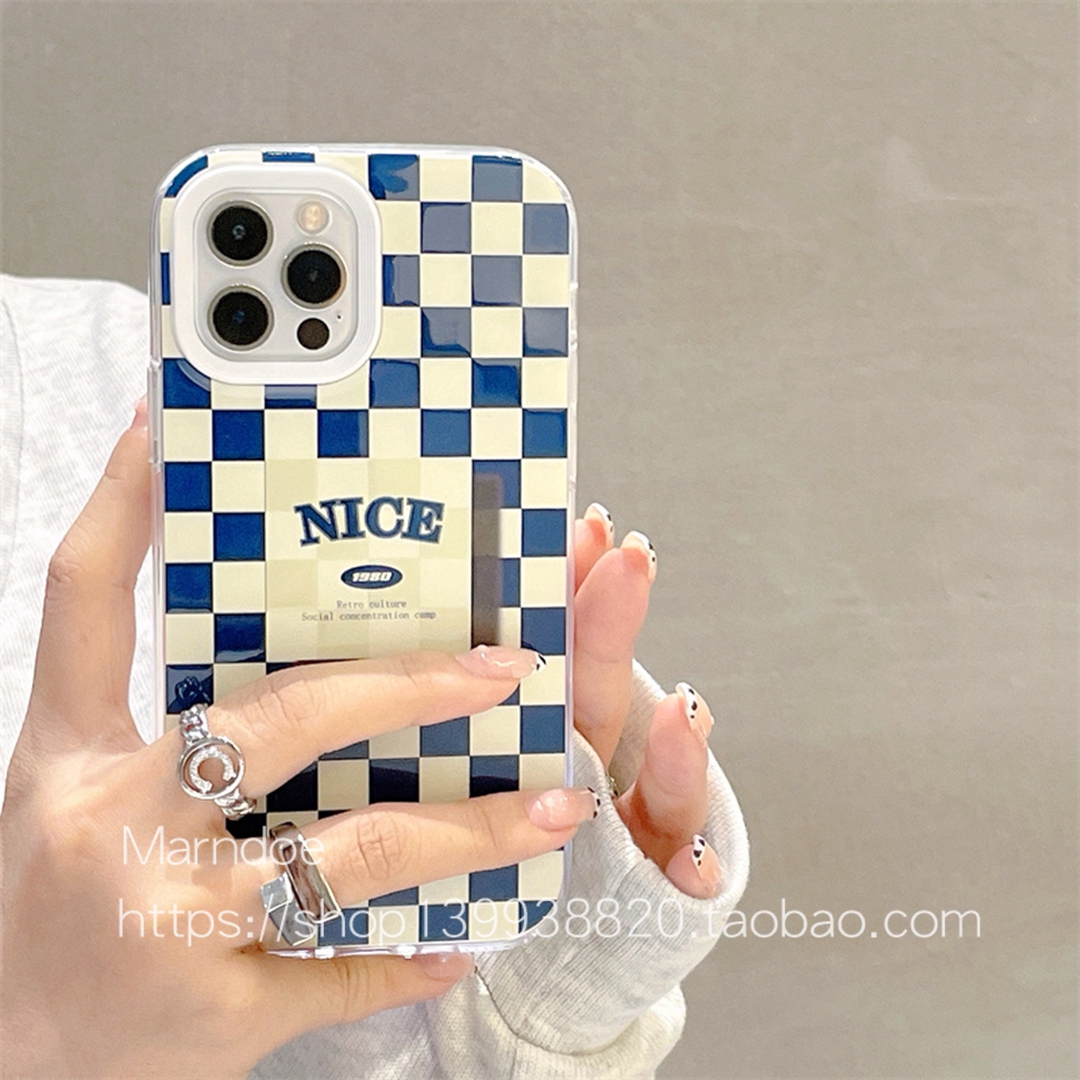 Nice蓝色格子适用13ProMax苹果12手机壳iphone11简约女款全包软壳