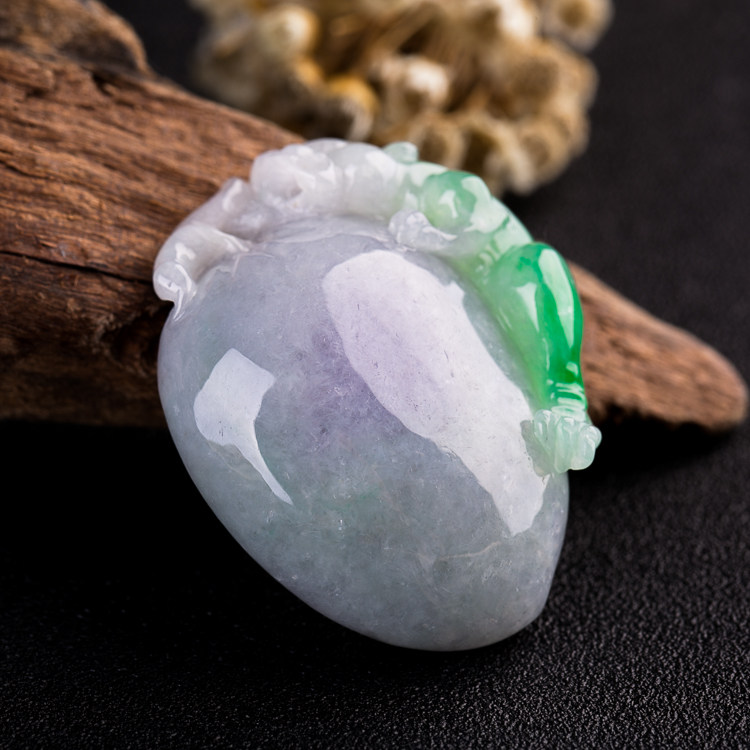 冰种春带彩天然缅甸翡翠a货寿桃吊坠 29.96g
