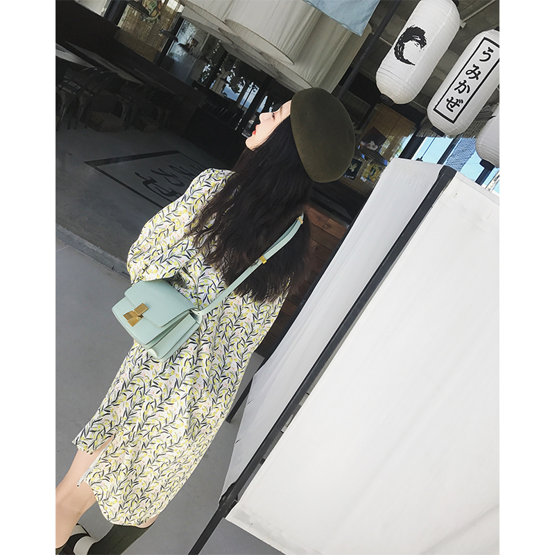 vcruan阿希哥连衣裙女夏2018新款立领高腰衬衫裙宽松气质碎花裙子
