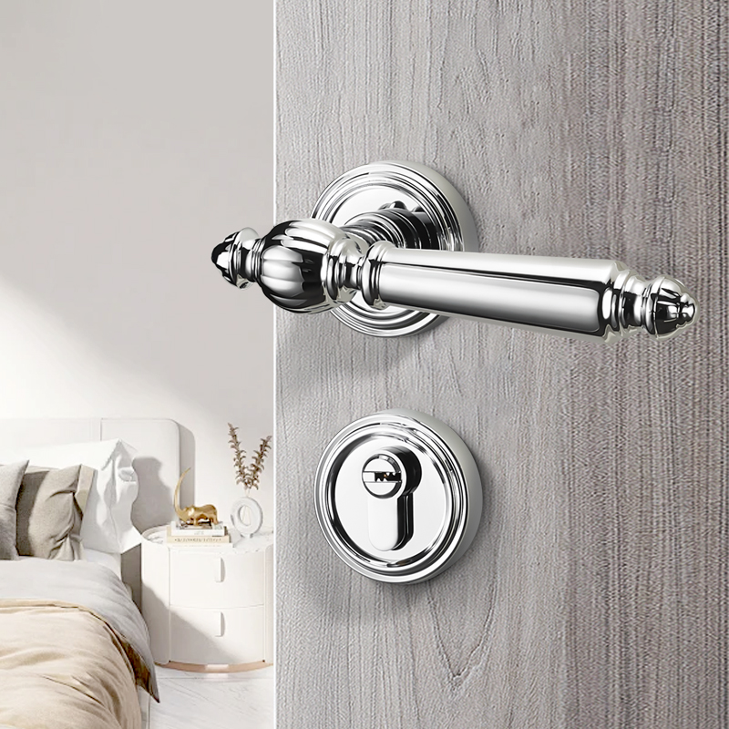 卧室亮银色门锁法式风套装简约美式室内房门锁轻奢亮铬木门门把手