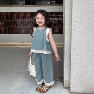 韩版童装2024夏女童时髦蕾丝边牛仔背心上衣阔腿裤两件套