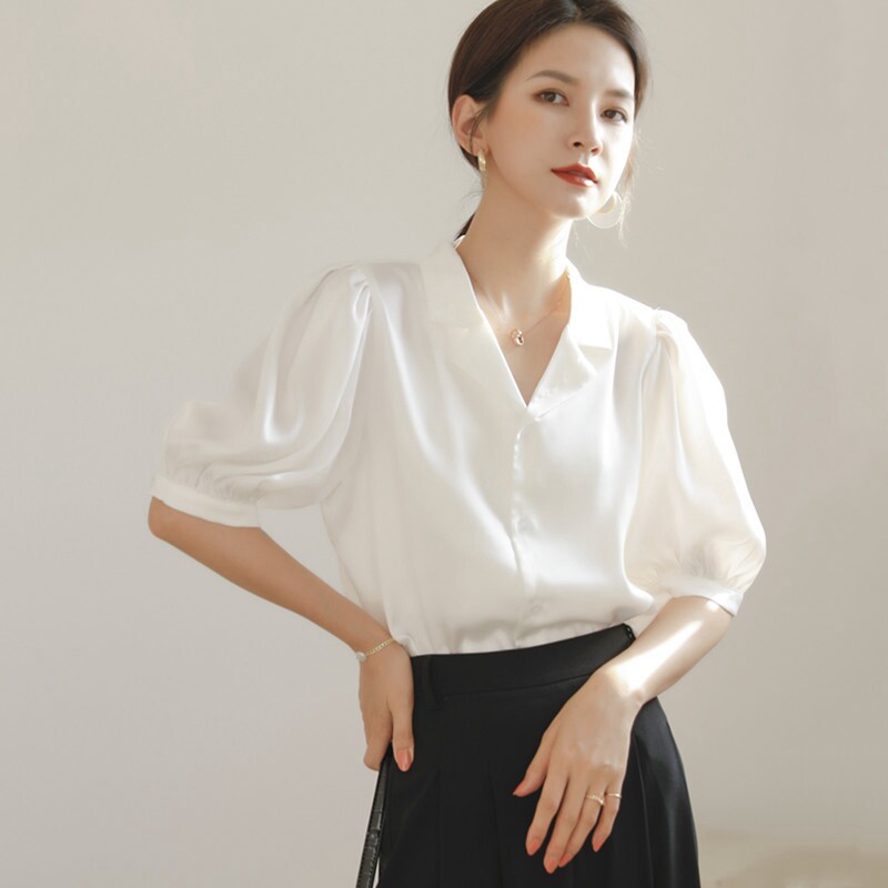 雪纺衫短袖女夏季2020新款白衬衫洋气v领小衫泡泡袖时尚气质上衣