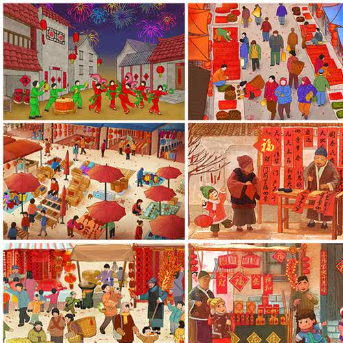 风80 90年代儿时回忆新年春节俗场景手绘插画模板psd素材