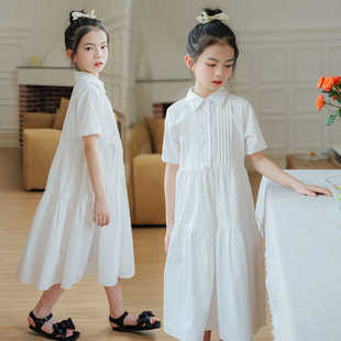 女童裙子夏款短袖白色连衣裙洋气文艺衬衫裙大童甜美儿童过膝长裙