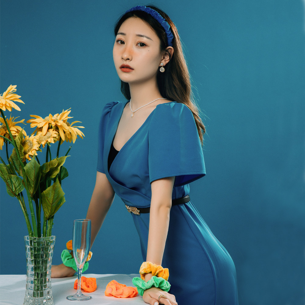 影楼新款拍照主题写真服装蓝色修身连体裙时尚个性艺术照摄影服饰