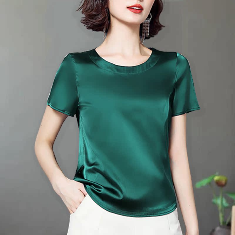 真丝t恤上衣女桑蚕丝短袖t恤2022夏半袖丝绸女款时上高端洋气小衫