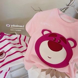 夏装新款条纹草莓熊刺绣短袖女童纯棉宝宝百搭儿童夏季上衣T恤潮