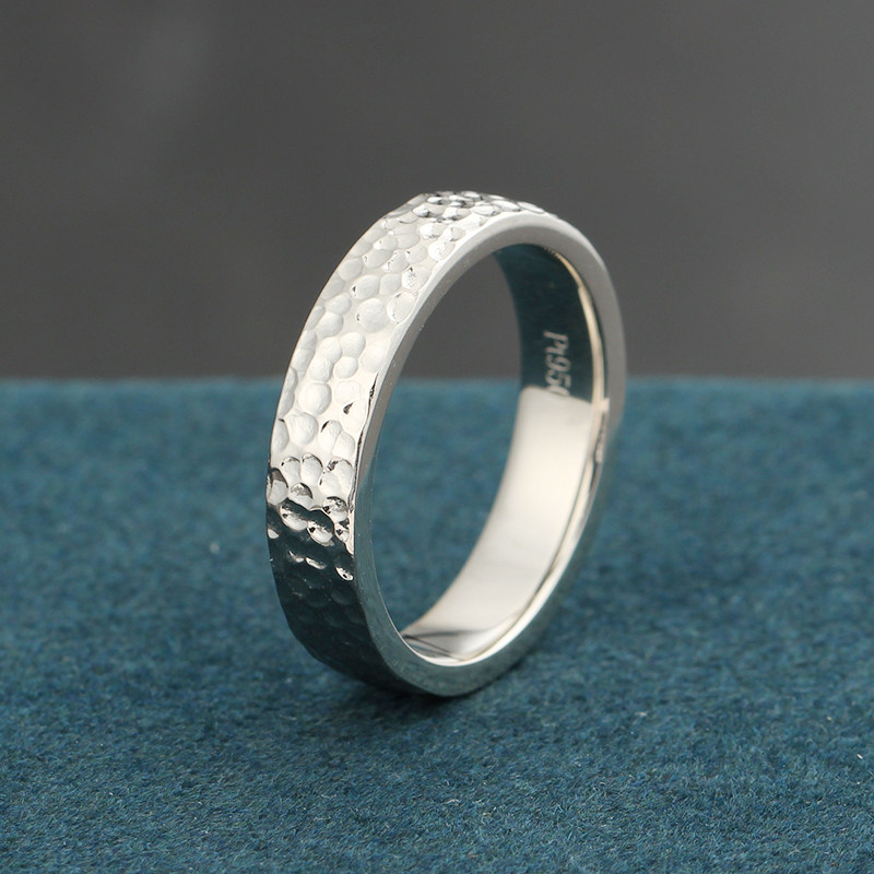 古法传承手工锤纹戒指pt950铂金白金实心男女士素圈复古时尚个性