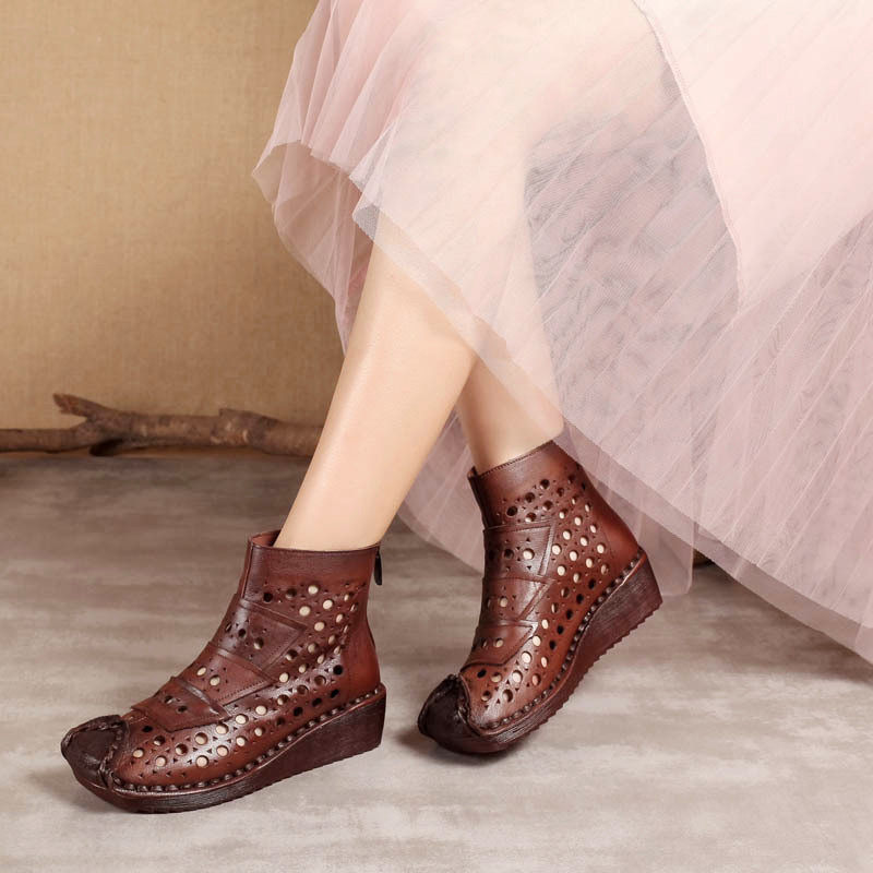 民族风复古牛皮镂空凉靴手工真皮软牛筋底洞洞靴夏季圆头坡跟凉鞋