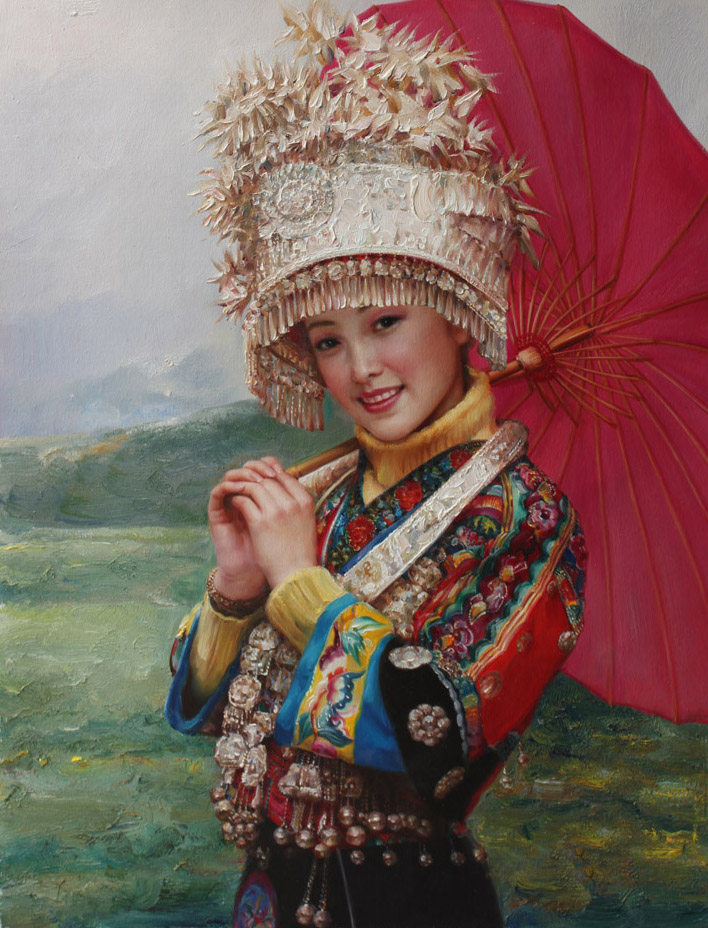 陈超《举红伞的苗族女子》布面油画76x102
