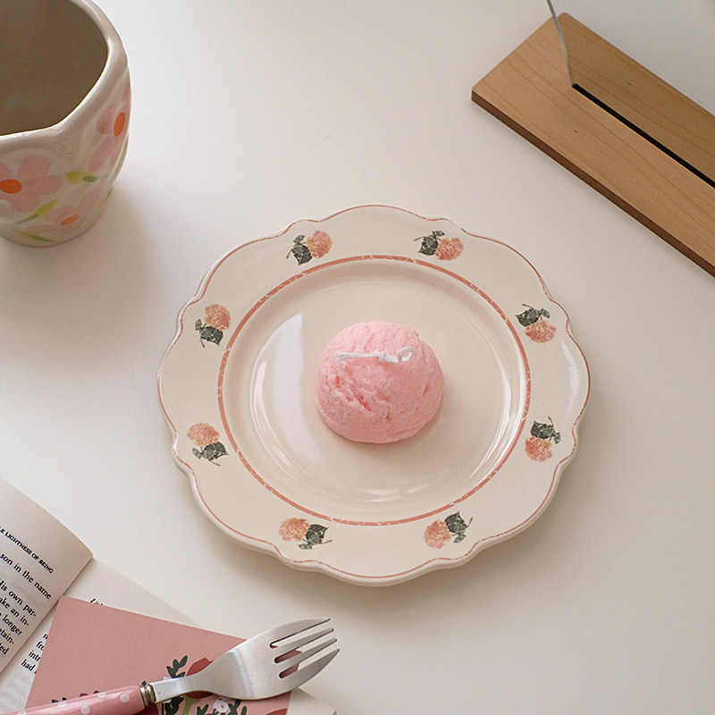 fhome法式复古绣球玫瑰花边陶瓷盘子 ins风花朵蛋糕甜品盘平盘
