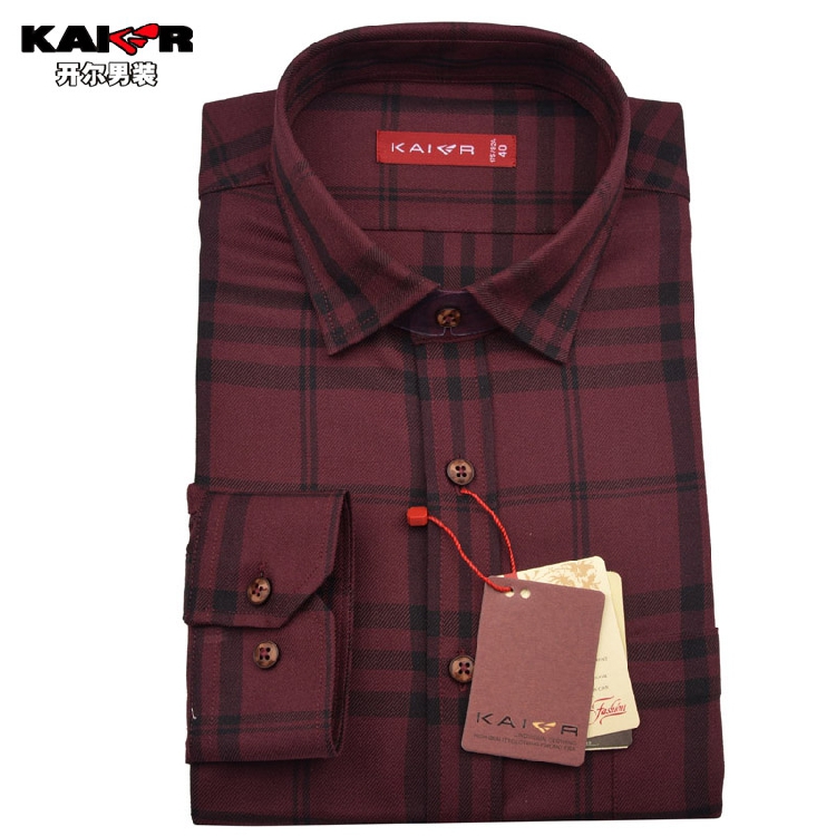 厚款_开尔羊毛衬衫男士长袖羊毛格子厚款深红色修身版时尚男装新款