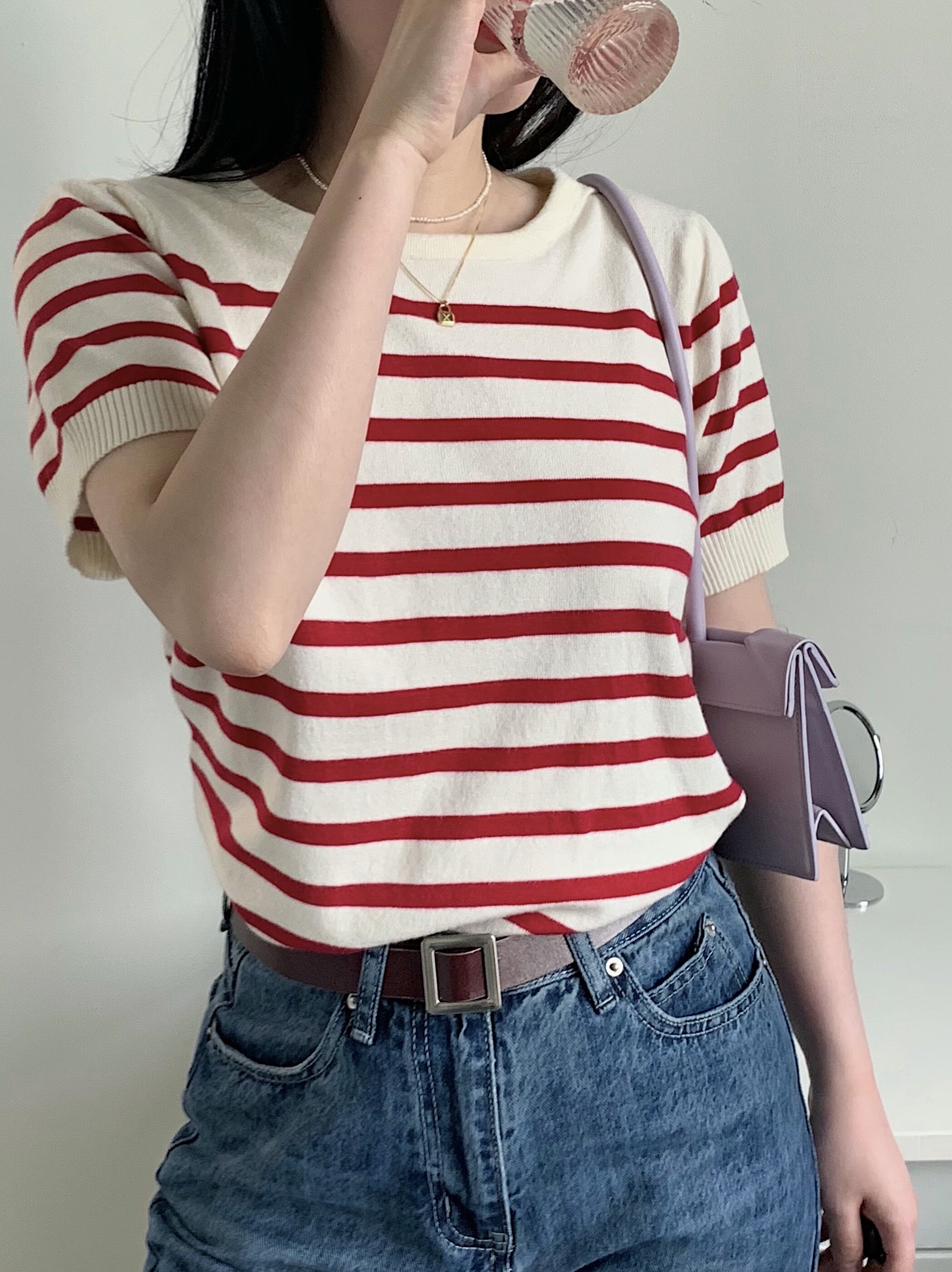 红白条纹短袖t恤女