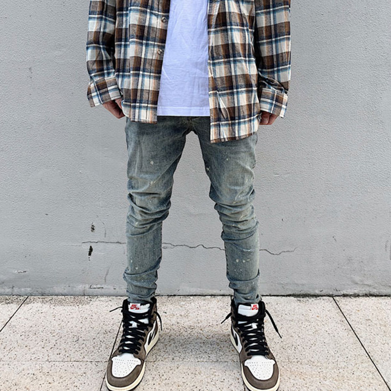 j caesar 泼墨水洗做旧蓝色高街弹力牛仔裤男修身小脚aj1搭配裤