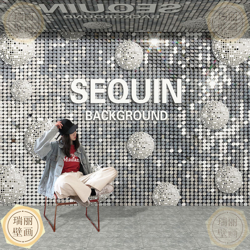 北欧亮片壁纸自拍馆服装店潮品店网红打卡背景墙直播墙纸店铺装修