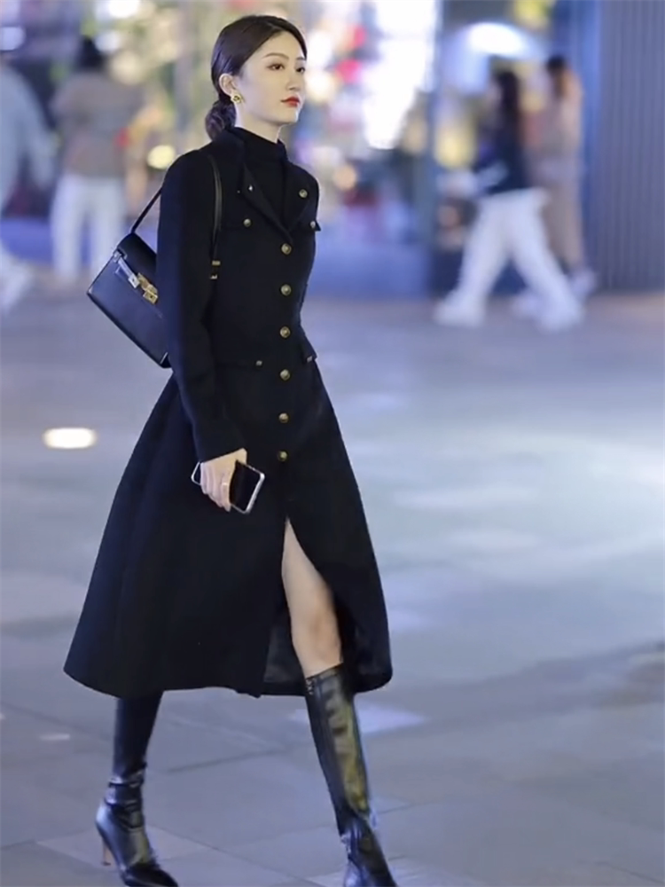 抖音小鱼妹同款黑色英伦范街拍时尚百搭气质中长大衣高冷女神纯色