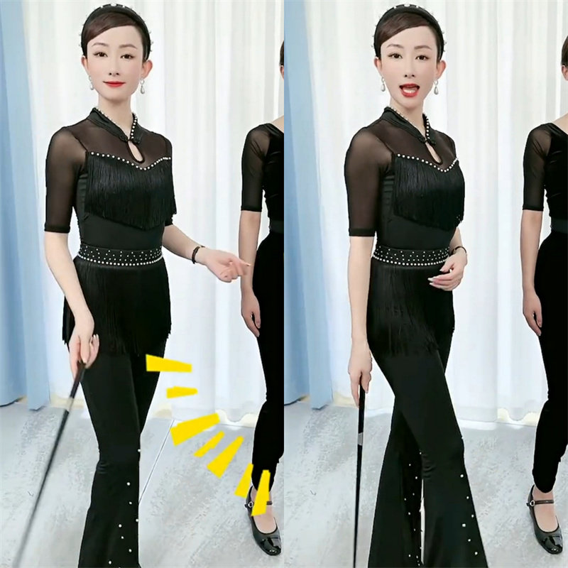 抖音刘芳形体礼仪同款新女潮气质黑色透气珠边流苏连档衣微喇叭裤