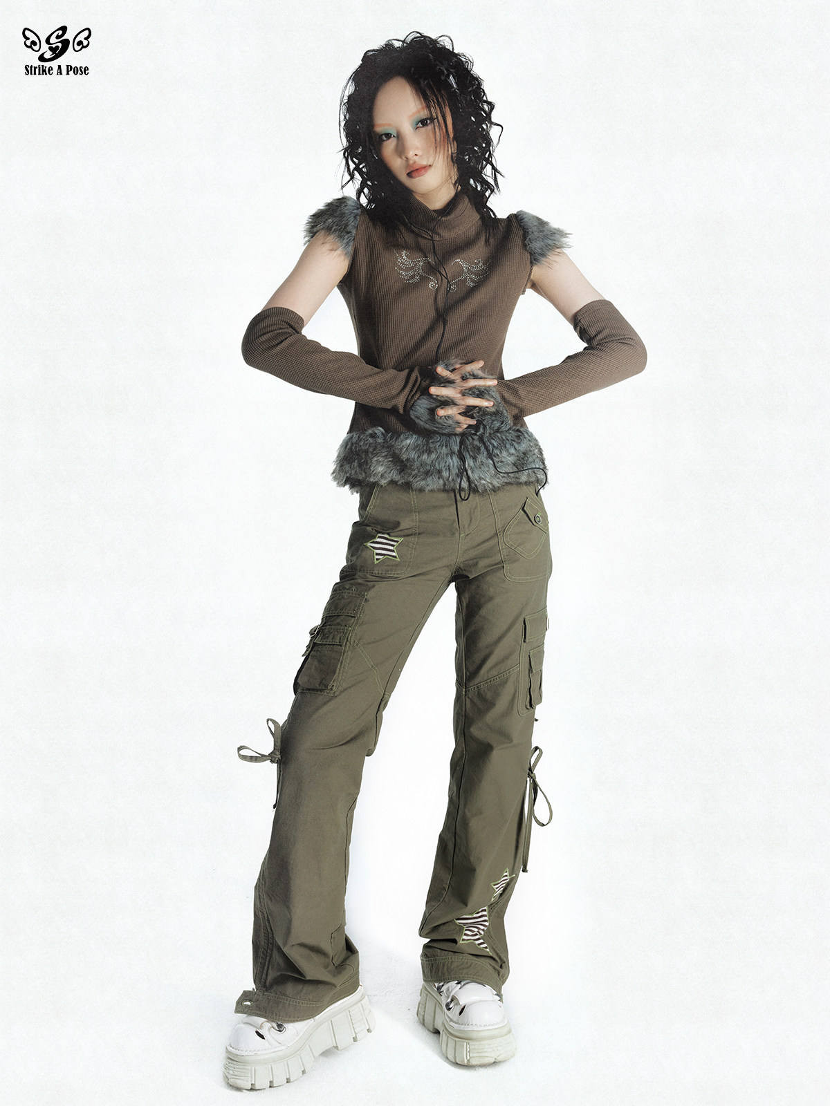 strike a pose军绿色工装长裤麻辣女兵复古千禧辣妹街头y2k