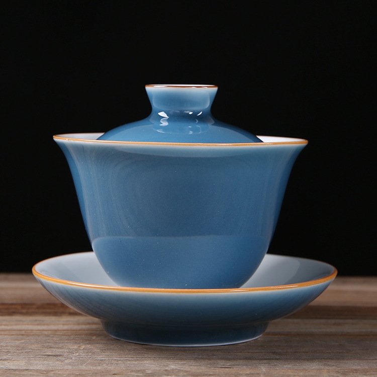 凝香阁 霁蓝釉三才盖碗大小号功夫盖碗茶杯 陶瓷茶具敬茶碗泡茶碗