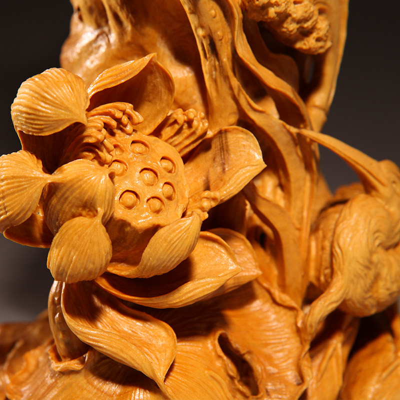 【一路连科】天然黄杨木手工雕刻莲花鹭鸶鸟摆件吉祥摆饰