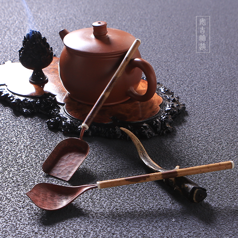 竹迹淬火茶勺铜茶铲湘妃竹茶则手工锤纹取茶器精品日式茶具零配件