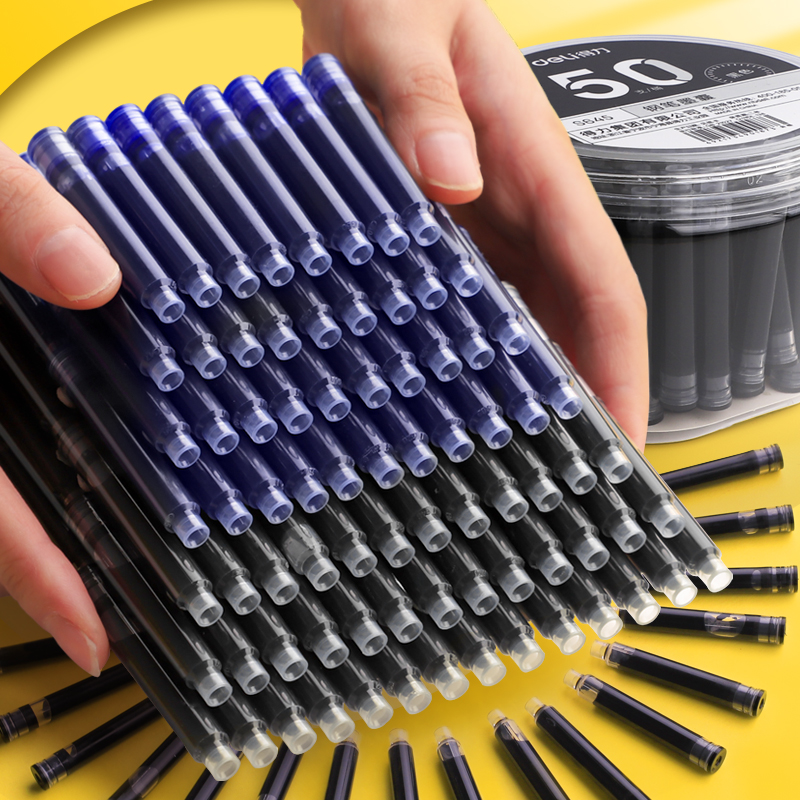 得力100支钢笔墨囊可替换可擦纯蓝小学生蓝黑色墨水墨胆专用直液式墨