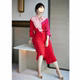 时尚红色系拼色系腰带长袖中长款连衣裙设计感小众优雅通勤女春夏