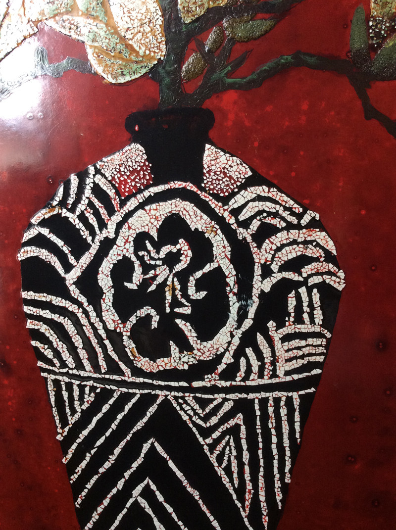 果瑞漆画作品《瓶花玉兰》