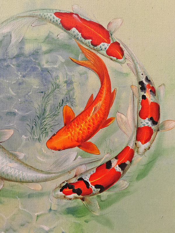 吴文健《九鱼迎春》布面油画加丙烯 画鱼名家