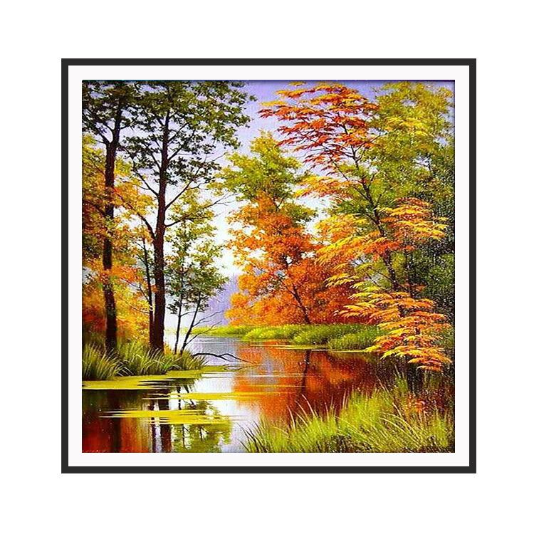印花法国正品dmc十字绣客厅卧室玄关餐厅风景画 河边树林 秋景