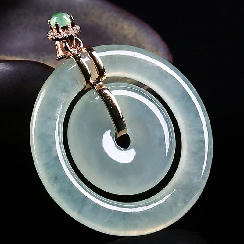 18k金镶嵌天然缅甸翡翠a货冰种子母扣吊坠 6.13g