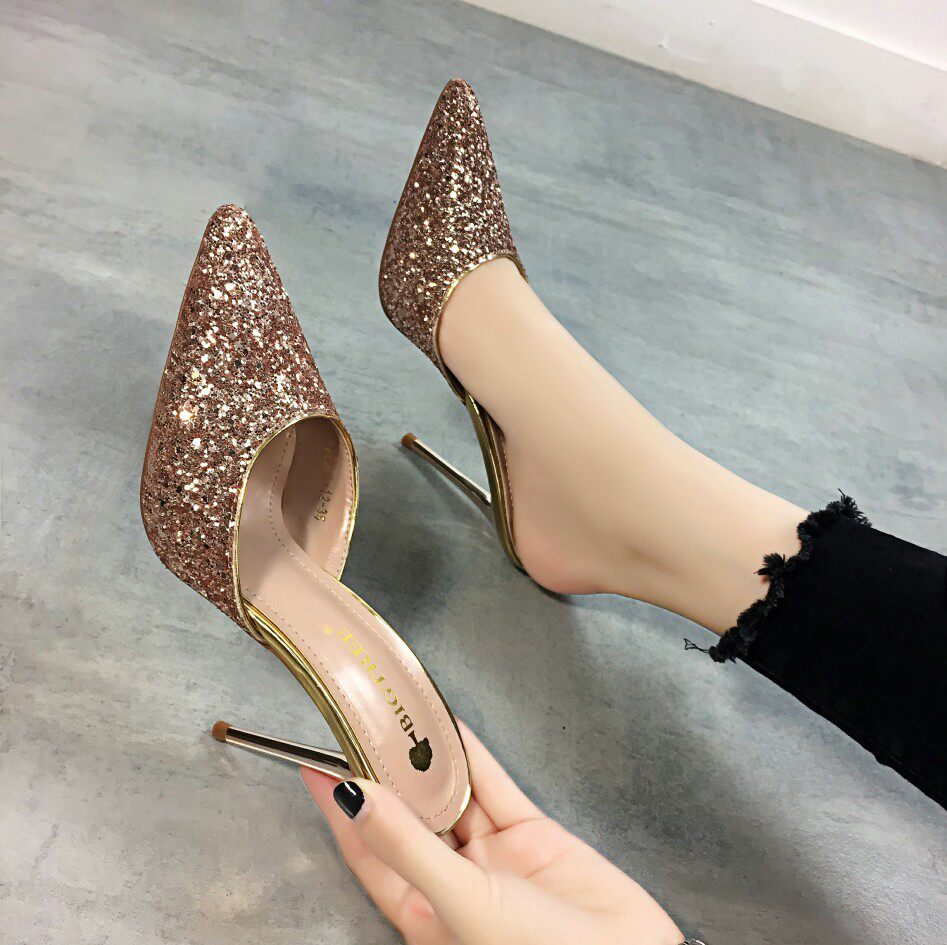 包头半拖鞋女夏时尚外穿2020新款尖头高跟凉拖鞋细跟百搭银色亮片