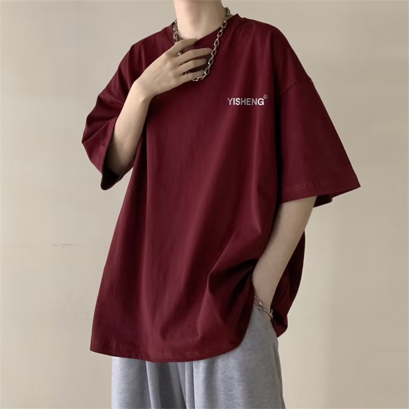 酒红色短袖t恤男夏季美式复古潮牌ins百搭舒适青少年学生半袖体恤