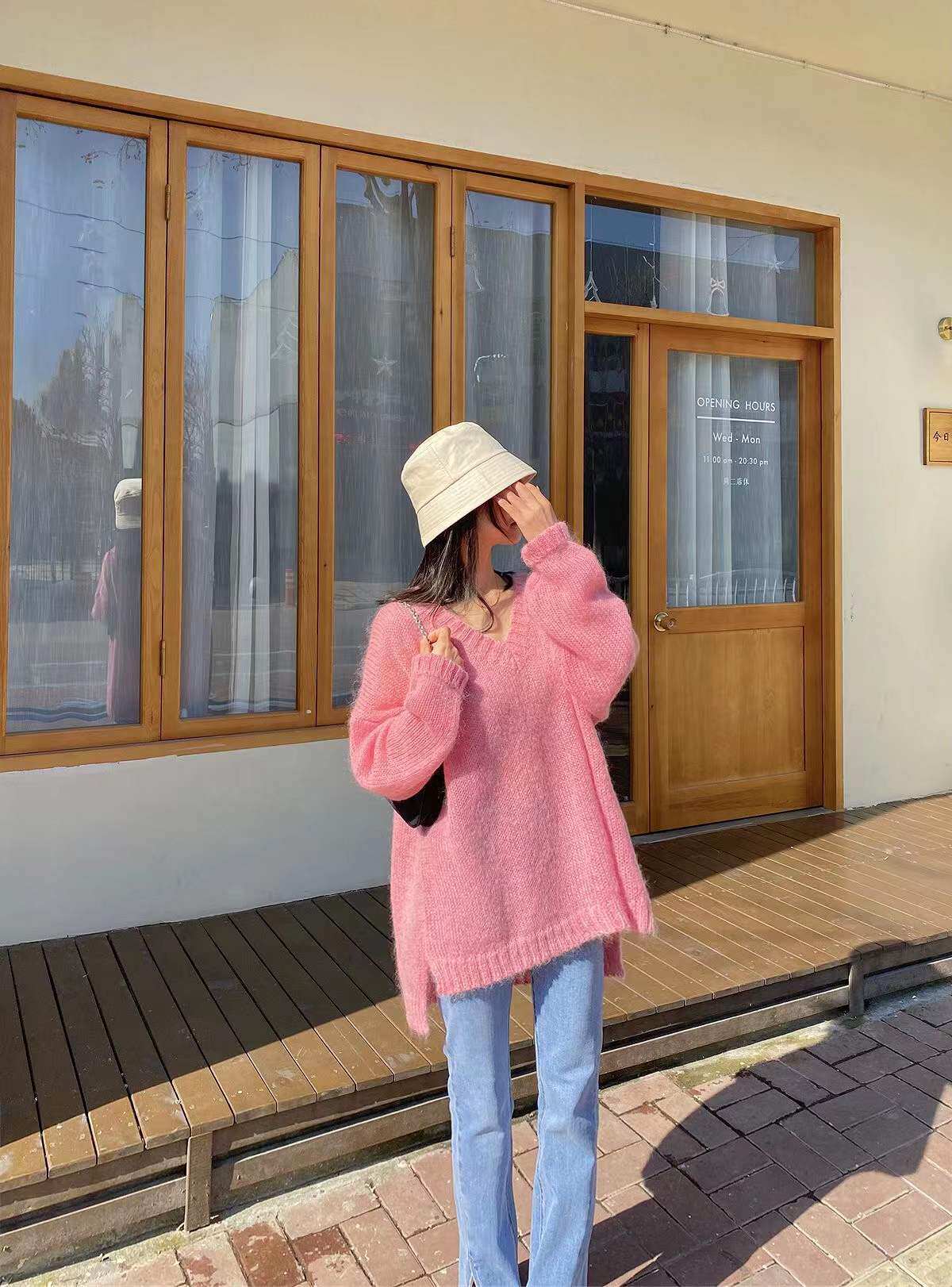 韩版粉色马海毛毛衣女 v领套头粉色毛茸茸薄针织衫上衣宽松春新款