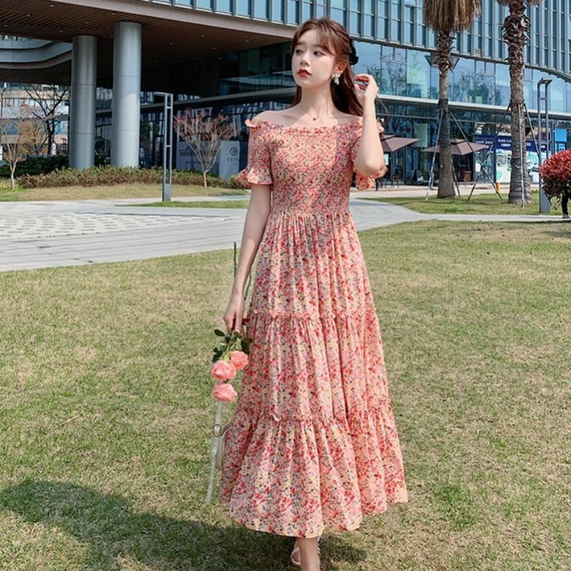 碎花连衣裙2022夏季新款女装收腰显瘦气质一字肩超仙甜美雪纺长裙