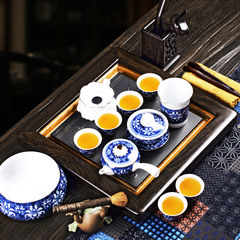 尚言坊 功夫茶具套装黑檀木实木茶盘哥窑青花瓷整套茶海茶杯茶洗
